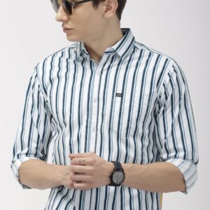 Men's White Slim Fit Vertical Stripes Casual Shirt